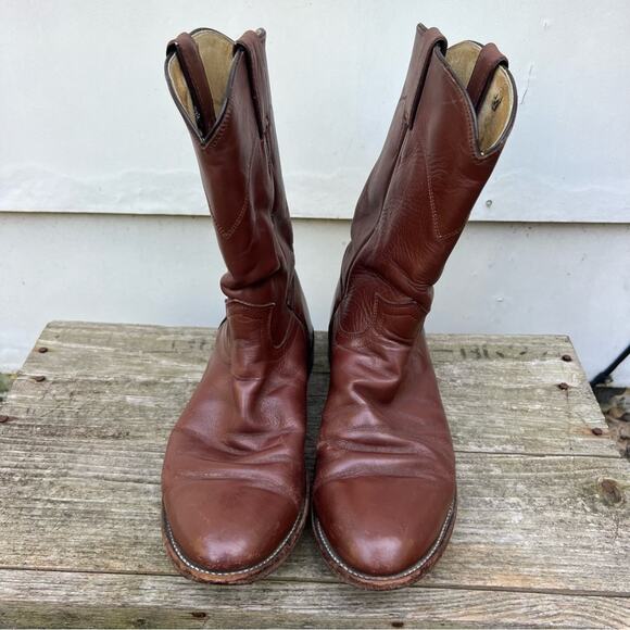 Vintage 80s 90s Justin Brown Roper Pull On Cowboy Boots 8E Style 3404 - Picture 2 of 9